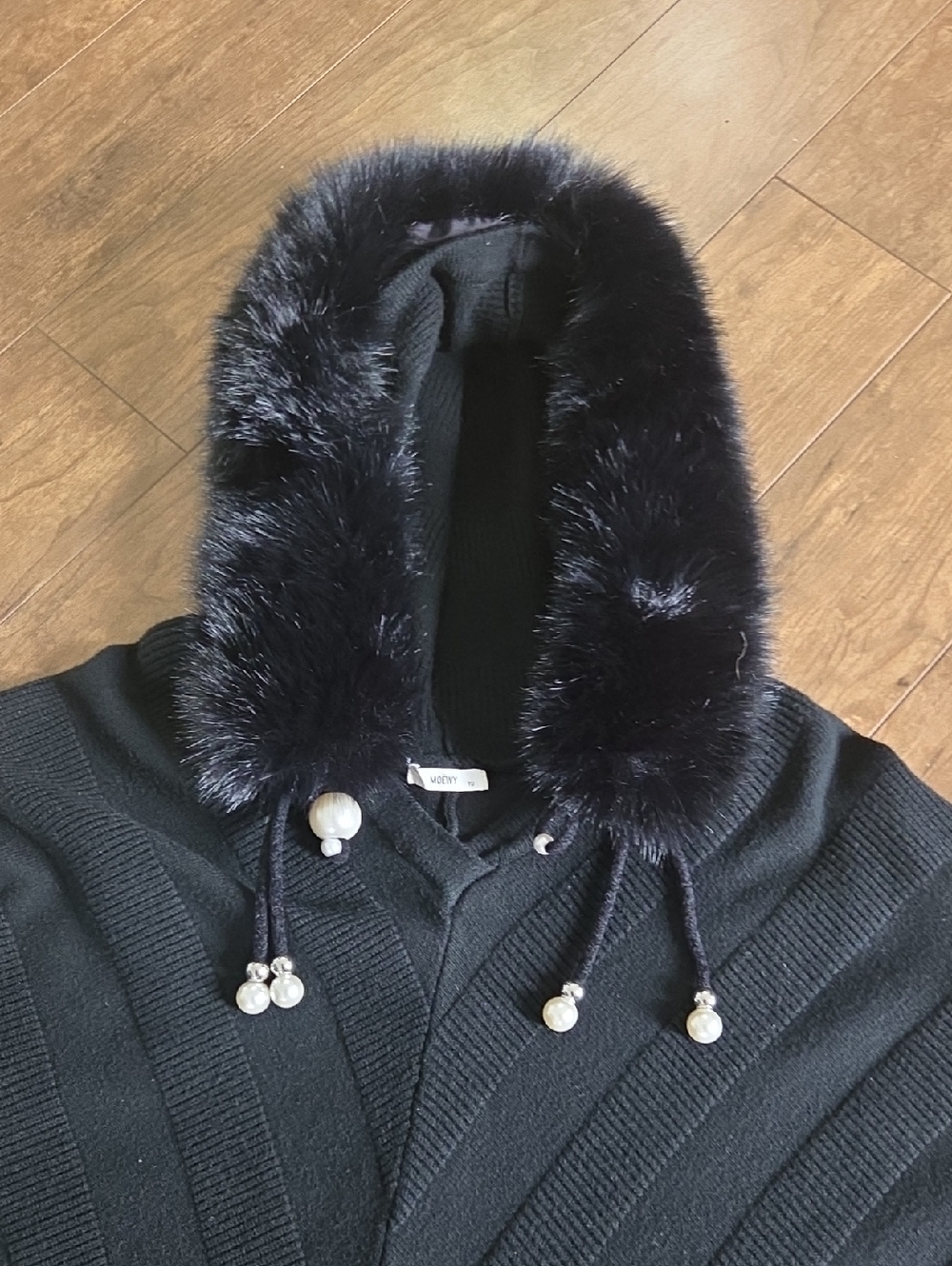 Black Hooded Poncho Shrug with Faux Fur Trim